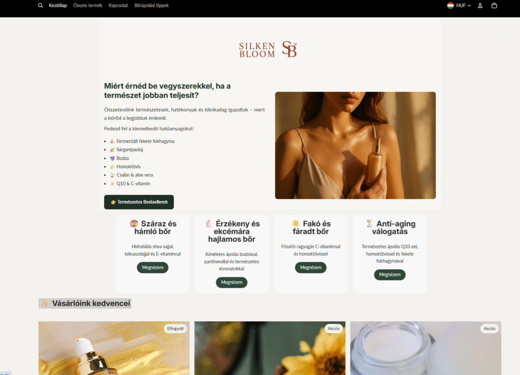 Silken Bloom – prémium, természetes kozmetikumok webshopja (referenciaprojekt)